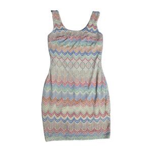 Aniina Cream Multicolor Chevron Knit Bodycon Midi Dress Strappy Back Size M GUC